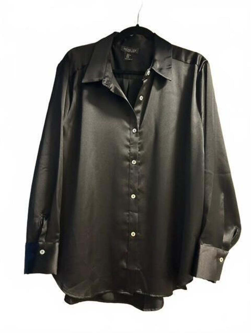 Rachel Zoe Black Satin Button-Up Blouse XL